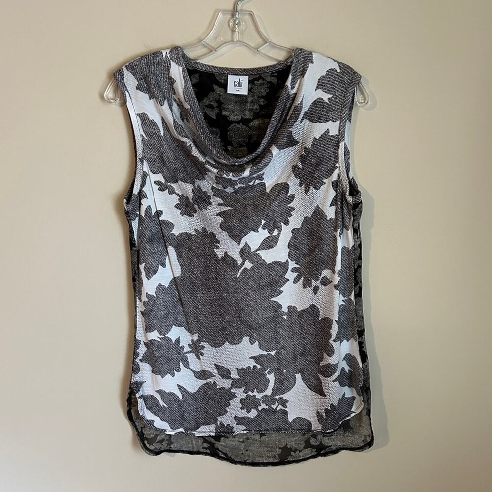 CAbi Black White Floral Cowl Neck Sleeveless Sheer Two Tone Blouse Size Small
